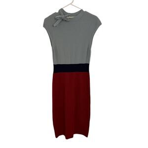 Anthropologie Charlie Robin Sweater Dress Medium Blue Red Colorblock Tie Neck